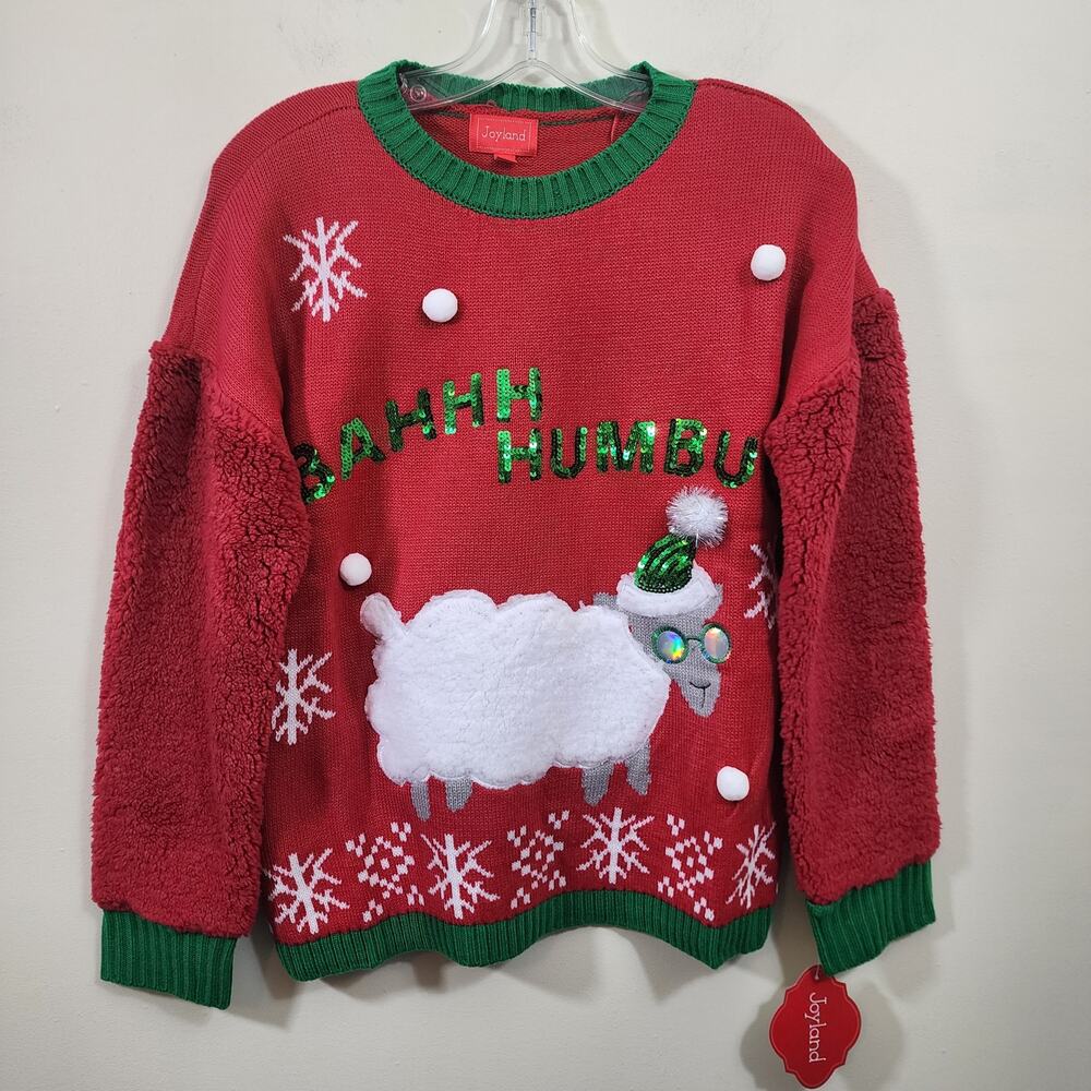 Joyland NWT Bahhh humbug sheep ugly Christmas sweater sherpa sleeves womans sz S